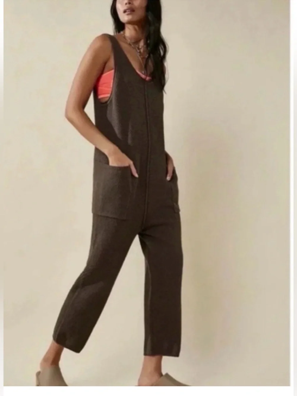 Free People Beach Hailee Sweater Jumpsuit Brown Overalls Slouchy - Picture 1 of 12